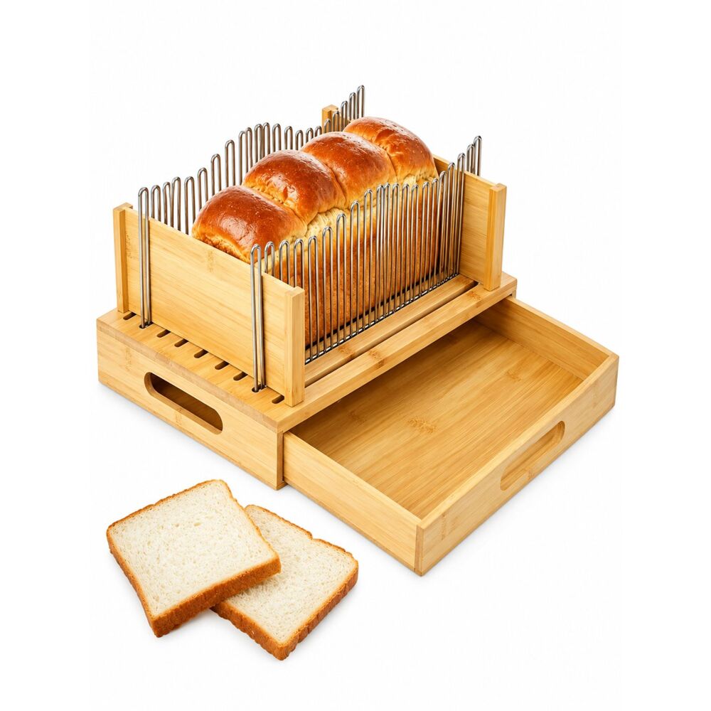 NEW 12" Adjustable Bamboo Bread Slicer with Stainless Steel Slide Rail